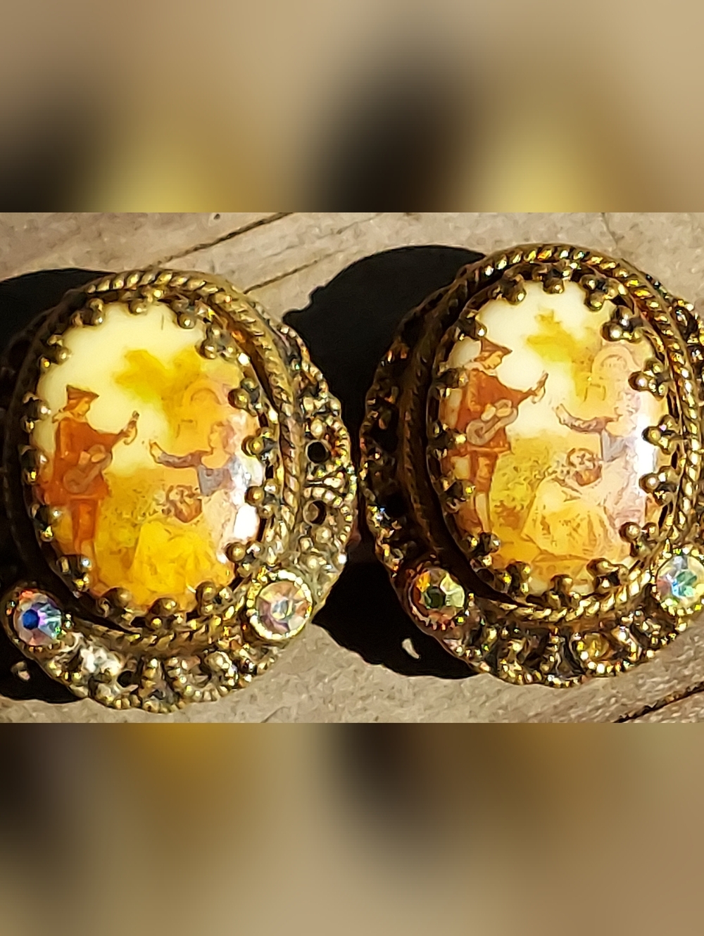 Vintage 60s West Germany Filigree Cameo Clip Earrings